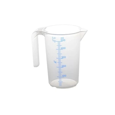 Abbildung von hünersdorff Messbecher 0,5l Polypropylen (PP) bruchsicher und spülmaschinengeeignet offener Griff , Transparent+blau