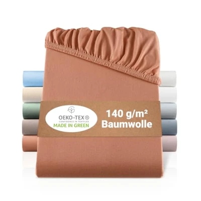 Abbildung von BaSaTex Bio Jersey Spannbettlaken 120x200 cm Spannbetttuch aus 100% Baumwolle GOTS Zertifiziert Farbe: Terrakotta