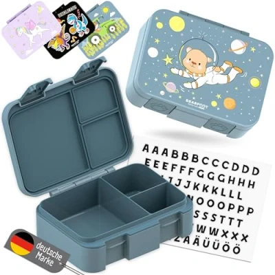 Abbildung von BEARFOOT Bento Box COMPACT Brotdose Kinder mit Fächern Mädchen &amp; Jungen (BPA frei) Für Schule Kindergarten auslaufsicher Leicht kompakt (Bär blau, 650ml)