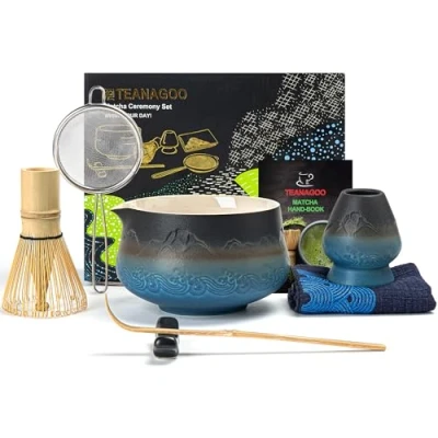 Abbildung von TEANAGOO Japanischer Matcha Schneebesen (7 Stück) Set Mtacha Kit Schüssel mit Ausgießer Bambus (chasen) Schaufel Schneebesenhalter.N33, Farbverlauf Marineblau
