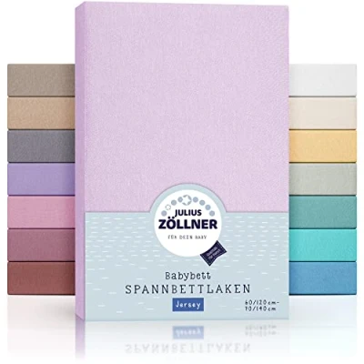 Abbildung von Julius Zöllner Jersey Spannbettlaken für Baby &amp; Kinderbett, 100% Baumwolle, OEKO TEX Standard 100 zertifiziert, Größe: 60x120cm / 70x140cm, 2er Pack, flieder