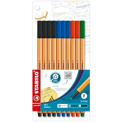 Abbildung von Fineliner STABILO point 88 10er Pack Office 4 x schwarz, 3 blau, 2 rot, 1 grün