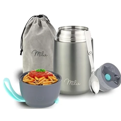 Abbildung von Milu® Thermobehälter 450, 650ml, 800ml Edelstahl Warmhaltebehälter Essensbehälter Speisegefäß Babynahrung Essen warmhalten Behälter Thermo Lunchbox Müsli to go Grau, 650ml