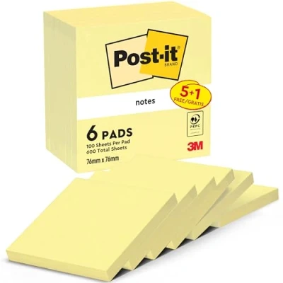Abbildung von Post it Kanariengelb, Vorteilspackung, Packung mit 5 Blöcken + 1 Gratisblock, 100 Blatt pro Block, 76 mm x mm, Farbe: Gelb Selbstklebende Notizzettel für Notizen, To Do Listen und Erinnerungen