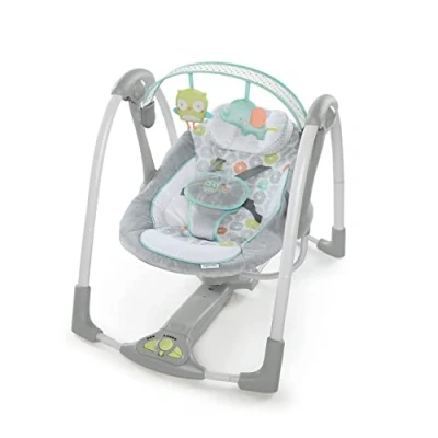 Abbildung von Ingenuity Hugs &amp; Hoots zusammenklappbare tragbare Babyschaukel, 5 Schaukelgeschwindigkeiten, 8 Melodien, 3 Naturgeräusche, Lautstärkeregulierung und Spielzeugbügel, ab der Geburt bis 9kg