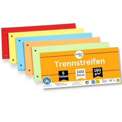 Abbildung von perfect line 100 Trennstreifen für Ordner A4, Trennblätter aus Recycling Karton, 5 Farben, gelocht, Made in Germany