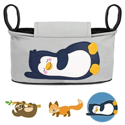 Abbildung von GLÜCKSWOLKE Kinderwagen Organizer 12 Motive I Kinderwagentasche verschließbar Kinder Buggy Tasche mit Feuchttücherspender Baby Zubehör Stroller Bag Aufbewahrungstasche (Pia Pinguin Grau)