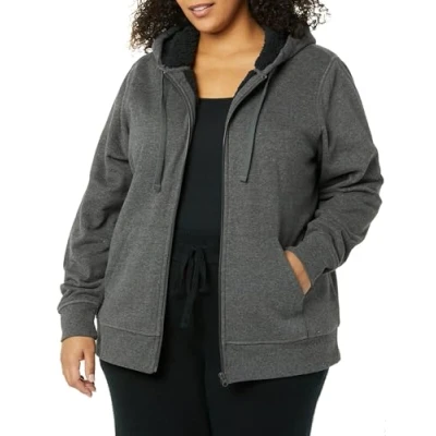 Abbildung von Amazon Essentials Damen Sherpa gefütterte Fleece Kapuzenjacke mit durchgehendem Reißverschluss (erhältlich in Übergröße), Dunkelgrau Meliert, S