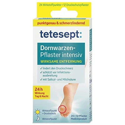 Abbildung von tetesept Dornwarzen Pflaster Intensiv Dornwarzenpflaster zur wirksamen Entfernung effektiv mit Milch und Salicylsäure 2x12 Wirkstoffpunkte + 12 Druckschutzpflaster