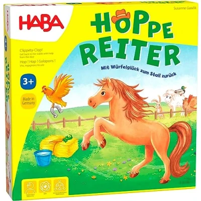 Abbildung von HABA 4321 Hoppe Reiter Pferdestarkes Wettlaufspiel, für 2 4 Spieler von 3 12 Jahren, Spielbar in Varianten, Brettspiel mit einfachen Spielregeln