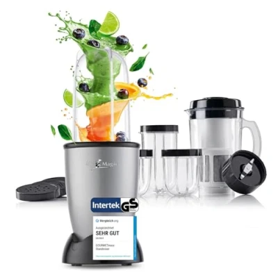 Abbildung von GOURMETmaxx Mr. Magic Mixer Smoothie Maker mit XXL Zubehörpaket Standmixer 18 tlg. Blender auslaufsicheren Frischhaltedeckeln Food Processor für Shakes, Smoothies etc.