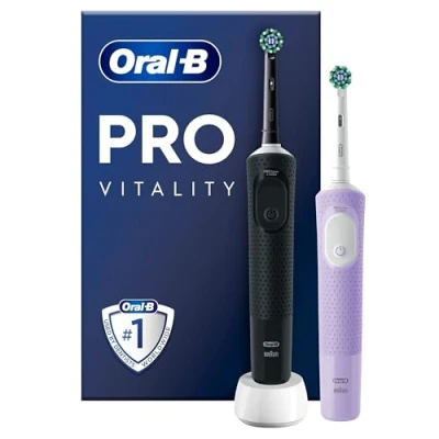 Abbildung von Oral B Vitality Pro Elektrische Zahnbürste/Electric Toothbrush, Doppelpack mit 2 Aufsteckbürsten, 3 Putzmodi für Zahnpflege, Geschenk Mann/Frau, Designed by Braun, schwarz/lila