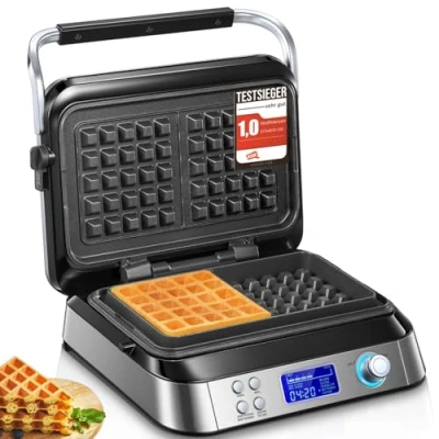 Abbildung von FOHERE Waffeleisen 1600 W, Doppelwaffeleisen für Belgische Waffeln, 5 Programme, 7 Bräunungsstufen, LCD Display, Countdown Timer, Überlaufrille, Extra Tiefe Heizplatten