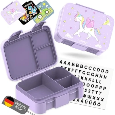 Abbildung von BEARFOOT Bento Box COMPACT BPA freie Kinder Brotdose für Schule &amp; Kindergarten Auslaufsichere Lunchbox Mädchen Jungen Praktisch, leicht kompakt (Einhorn lila, 650ml)