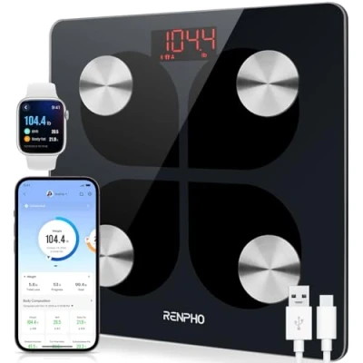 Abbildung von RENPHO Körperfettwaage, Bluetooth Personenwaage USB Wiederaufladbare Körperanalysewaage mit App, Smart Körperwaage für Körperfett, BMI, Gewicht, Muskelmasse, Wasser, Protein