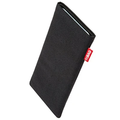 Abbildung von fitBAG Rave Schwarz Handytasche für Apple iPhone 16 Pro 6.3&quot; Tasche aus Textil Stoff mit Microfaserinnenfutter Hülle Reinigungsfunktion Made in Germany