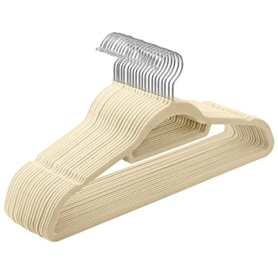 Abbildung von SONGMICS Kleiderbügel Samt, 20er Set, Bügel, rutschfest, kleine Stange für Krawatten, 360 drehbarer Haken, 0,6 cm dick, platzsparend, 43,5 lang, Mäntel, Hosen, Silber Beige CRF020M20