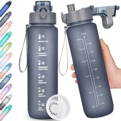 Abbildung von AOHAN Trinkflasche, 1l Wasserflasche BPA Frei, Trinkflasche Sport Auslaufsicher, Sportflasche mit Zeitmarkierung für Fitness, Büro, Schule, Yoga, Outdoor
