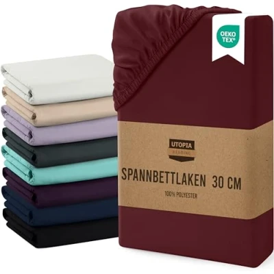 Abbildung von Utopia Bedding Spannbettlaken 180x200cm Bis 30 cm Burgunderrot Gebürstete Mikrofaser Spannbetttuch Oeko Tex Standard 100