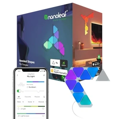Abbildung von Nanoleaf Shapes Mini Triangle Starter Kit, 9 Smarten Dreieckigen LED Panels RGBW Modulare WLAN 16 Mio. Farben Wandleuchte Innen, Musik &amp; Bildschirm Sync, Funktioniert mit Alexa, Deko Gaming