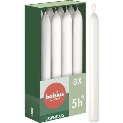 Abbildung von Bolsius Glatte Stabkerzen Weiß 8 Stück im Karton 17 cm Länge Brenndauer 5 Stunden Unparfümierte Enthält Natürliches Pflanzenwachs Ohne Palmöl, 170/20