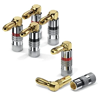 Abbildung von sonero® Bananenstecker 90 gewinkeltes 4er Set, für alle Lautsprecherkabel mit einem Durchmesser bis max. 6mm², 4 Stück umlaufenden Farbring (2x rot, 2x schwarz), 24k vergoldet