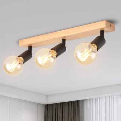 Abbildung von ANWIO Holz Deckenstrahler Schwarz 3 Flammig, Deckenlampe E27 Wohnzimmer Deckenleuchte Vintage Wandlampe für Schlafzimmer Küche (Ohne Leuchtmittel) EUC EA190812 27 03RB 1U