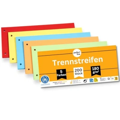 Abbildung von perfect line 200 Trennstreifen für Ordner A4, Trennblätter aus Recycling Karton, MADE IN GERMANY, 5 Farben, gelocht