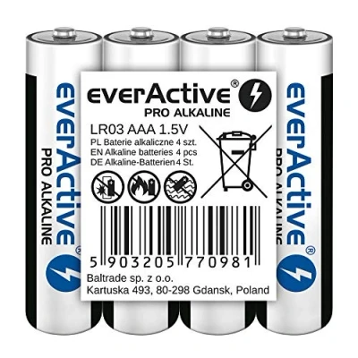 Abbildung von everActive AAA Batterien 4er Pack, Pro Alkaline, Micro LR03 R03 1.5V, höchster Leistung, 10 Jahre Haltbarkeit, 4 Stück