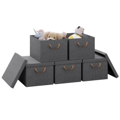 Abbildung von WOLTU Aufbewahrungsboxen 5er Set, Box mit Deckel Griffen, Aufbewahrungskorb faltbar, Stoffbox, Organizer Box, Kiste für Spielzeug Kleidung, Klappbox Grau, 43x26x33 cm, ABB03gbn 5