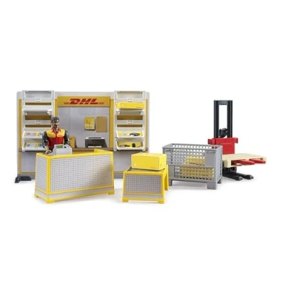 Abbildung von bruder 62251 Bworld DHL Paketshop inklusive Mitarbeiter Zubehör Post Filiale Postbote Paketdienst Logistik Versand Spiel Set 1:16
