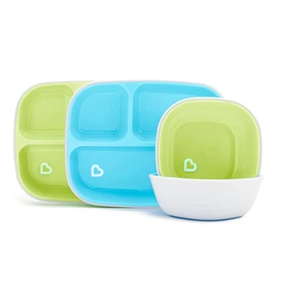 Abbildung von Munchkin Teller und Schüssel Set, 4 teiliges Set für Babys &amp; Kleinkinder, 2 Babyteller Babyschüsseln, zur Beikosteinführung mit Geschirr, ab 6 Monaten, BPA frei Blau/Grün