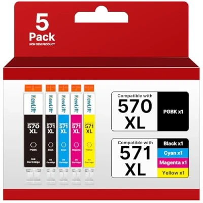 Abbildung von NewLift PGI 570 CLI 571 XL Kompatibel Druckerpatronen für Canon 570XL 571XL Multipack Pixma TS5050 TS5055 MG5750 MG5753 MG6852 TS6050 TS5053 (PGBK Schwarz Cyan Gelb Magenta，5er Pack)