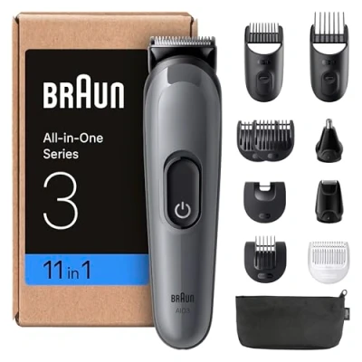 Abbildung von Braun All in One Series 3, 11 1 Groomingset, Nasenhaartrimmer, ultrascharfe Klinge, Rasierer Herren Elektrisch, Body Rasierer, Barttrimmer und Haarschneider, 14 Längen, AIO3565, Grau