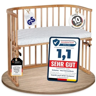 Abbildung von babybay Maxi extra großes Beistellbett aus massivem Buchenholz/Kinderbett Höhe stufenlos verstellbar &amp; umweltfreundlich/mit Matratze Classic Soft (kernbuche geölt)