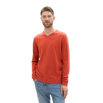 Abbildung von TOM TAILOR Herren Basic Pullover mit V Ausschnitt aus Baumwolle, 36301 Blood Orange Melange, L