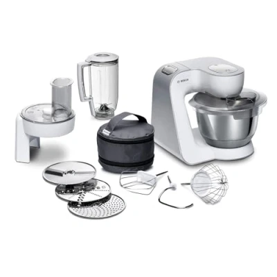 Abbildung von Bosch Küchenmaschine Serie 4 MUM58W20, Edelstahl Schüssel 3,9 L, Mixer 1,25 Planetenrührwerk, Knethaken, Schlag und Rührbesen Edelstahl, Durchlaufschnitzler, 3 Scheiben, 1000 W, Weiß