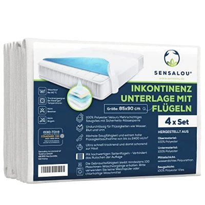 Abbildung von Sensalou 4 Stück Betteinlage Urin Nässeschutz mit Flügeln 85x90 cm wasserdichte Matratzenschutz Unterlage waschbar