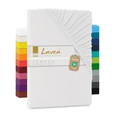 Abbildung von Lavea Spannbettlaken 120x200cm aus atmungsaktiver Baumwolle Passgenau für Standardmatratzen bis 20cm Weißes Bettlaken mit Gummizug Jersey Spannbetttuch