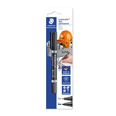 Abbildung von STAEDTLER Doppel Marker für Heimwerker Lumocolor duo permanent, zur Beschriftung großer und kleiner Werkzeuge Werkzeugboxen, 2 Spitzen F+M, wasserfest, Made in Germany, Schwarz, 348 9 BK 1