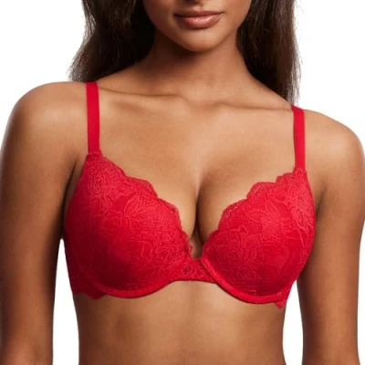 Abbildung von DOBREVA Damen Push Up BH Mit Spitze Gepolstert Plunge Bügel Vollschalen BHS Gemoldete Cups Lippenstift Rot 75B