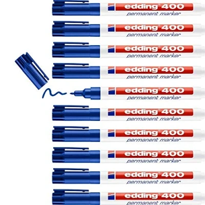 Abbildung von edding 400 Permanentmarker blau 10 Stifte feine Rundspitze 1 mm wasserfest, schnell trocknend wischfest für Karton, Kunststoff, Holz, Metall, Glas