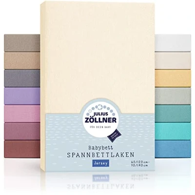 Abbildung von Julius Zöllner Jersey Spannbettlaken für Baby &amp; Kinderbett, 100% Baumwolle, OEKO TEX Standard 100 zertifiziert, Größe: 60x120cm / 70x140cm, 2er Pack, ecru