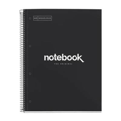 Abbildung von Miquelrius Notizbuch A4 Notebook, 1 farbiger Streifen, 80 Blatt mit raster 5 x mm, Papier 90 g/m² mikroperforiert 4 Bohrungen für Ringe, Einband aus Karton, Farbe Schwarz