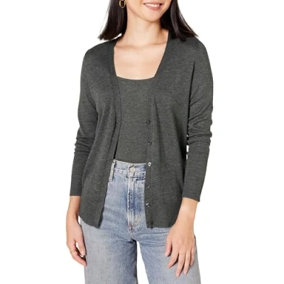 Abbildung von Amazon Essentials Damen Leichter Cardigan mit V Ausschnitt (in Übergröße erhältlich), Dunkelgrau Meliert, L