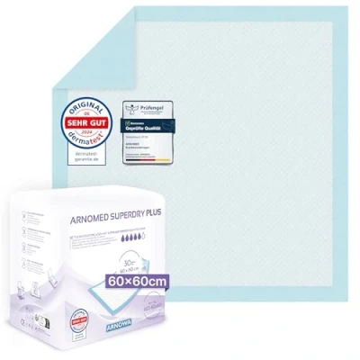 Abbildung von ARNOMED Krankenunterlagen 60x60cm, 30x saugstarke Inkontinenzunterlagen Einweg, Wickelunterlage für Babys, 5 lagige Zellstoff Unterlagen fürs Bett bei z.B. Inkontinenz, Einweggebrauch