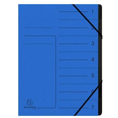 Abbildung von Exacompta 540702E Premium Ordnungsmappe geheftet. Aus extra starkem Colorspan Karton DIN A4 7 schwarze Fächer und 2 Gummizüge mit Organisationsdruck Ringmappe Register Mappe blau