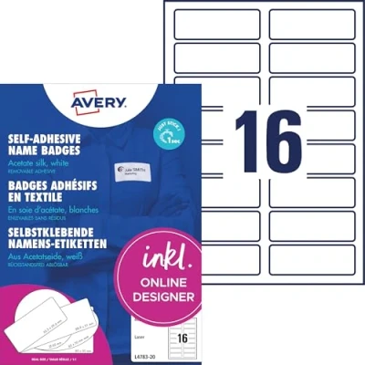 Abbildung von AVERY Zweckform L4783 20 Namensetiketten (320 Namensaufkleber, 88,9x31mm auf A4, selbstklebend, bedruckbare Textiletiketten aus Acetatseide für Laserdrucker, rückstandsfrei ablösbar) Blatt, weiß