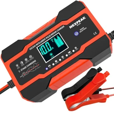 Abbildung von 10A Autobatterie Ladegerät, 12V/24V Smart vollautomatische KFZ Batterieladegerät mit Temperaturkompensation für Auto LKW Motorrad Rasenmäher Boot Marine Batterien Rot