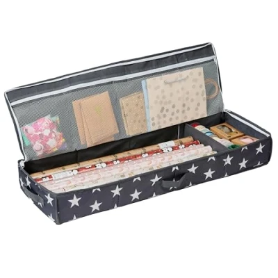 Abbildung von LOVE IT STORE Tasche für Geschenkpapier Aufbewahrung Hochwertiger Organizer mit Fächern Geschenkbänder Grau Sternen 90x30x12 cm